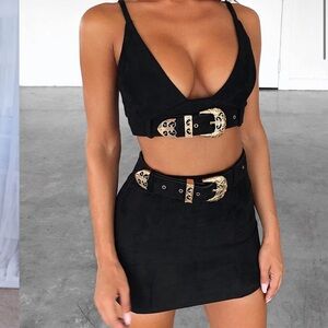 Stylish Black Belted Mini Skirt set